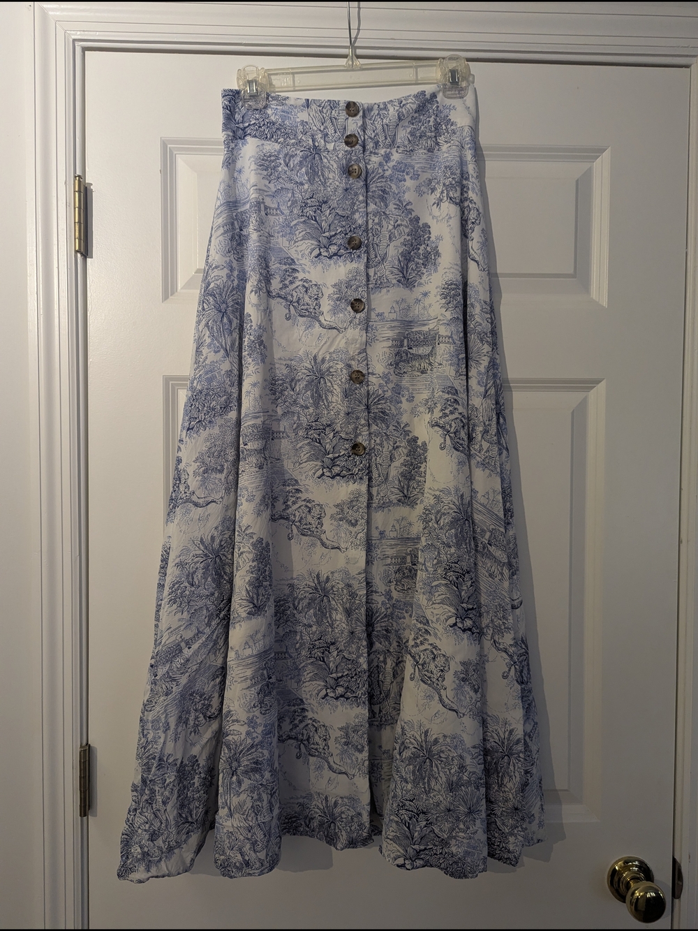 H&M Blue and White A-Line Button-Front Maxi Skirt